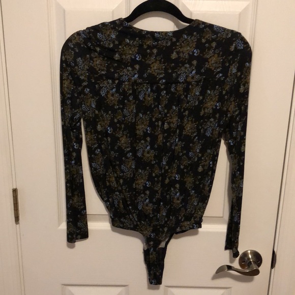 Free People Printed Turnt Black Floral Long Sleeve Bodysuit in Night Combo - Picture 3 of 6